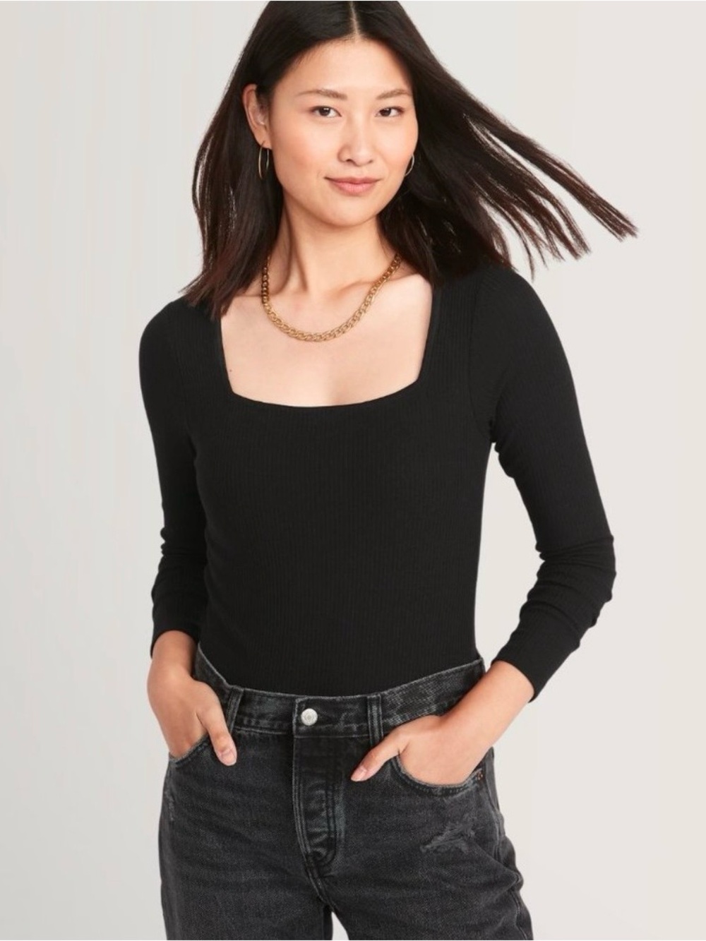 Old Navy Black Ribbed Square-Neck Long-Sleeve Bodysuit - Medium